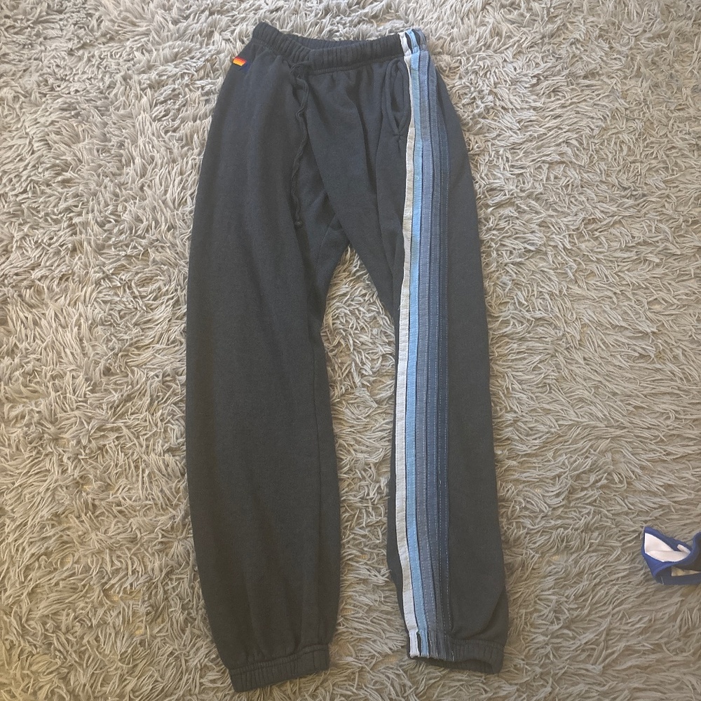 Aviator Nation grey blue 5 five stripe sweatpants sweats joggers pockets, small